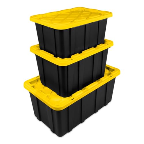 38 Gallon Black/Yellow Stackable Storage Tote with Lid, 8 Pack K913256