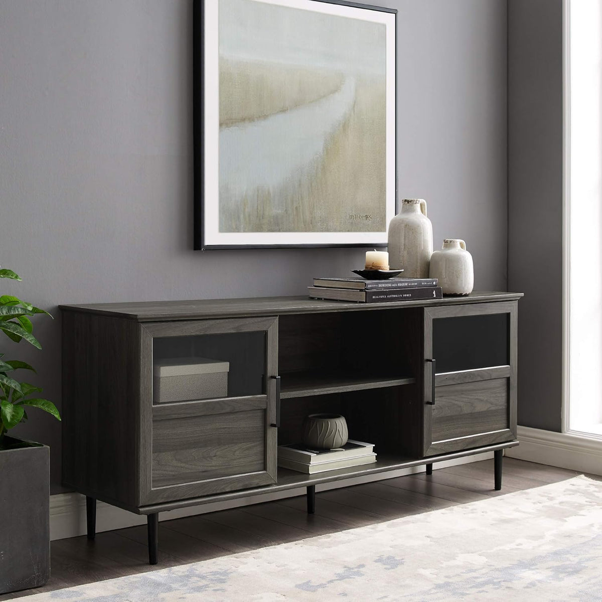 Dark Walnut 48 Inch Wood Corner TV Stand with Glass Cabinet Doors N723