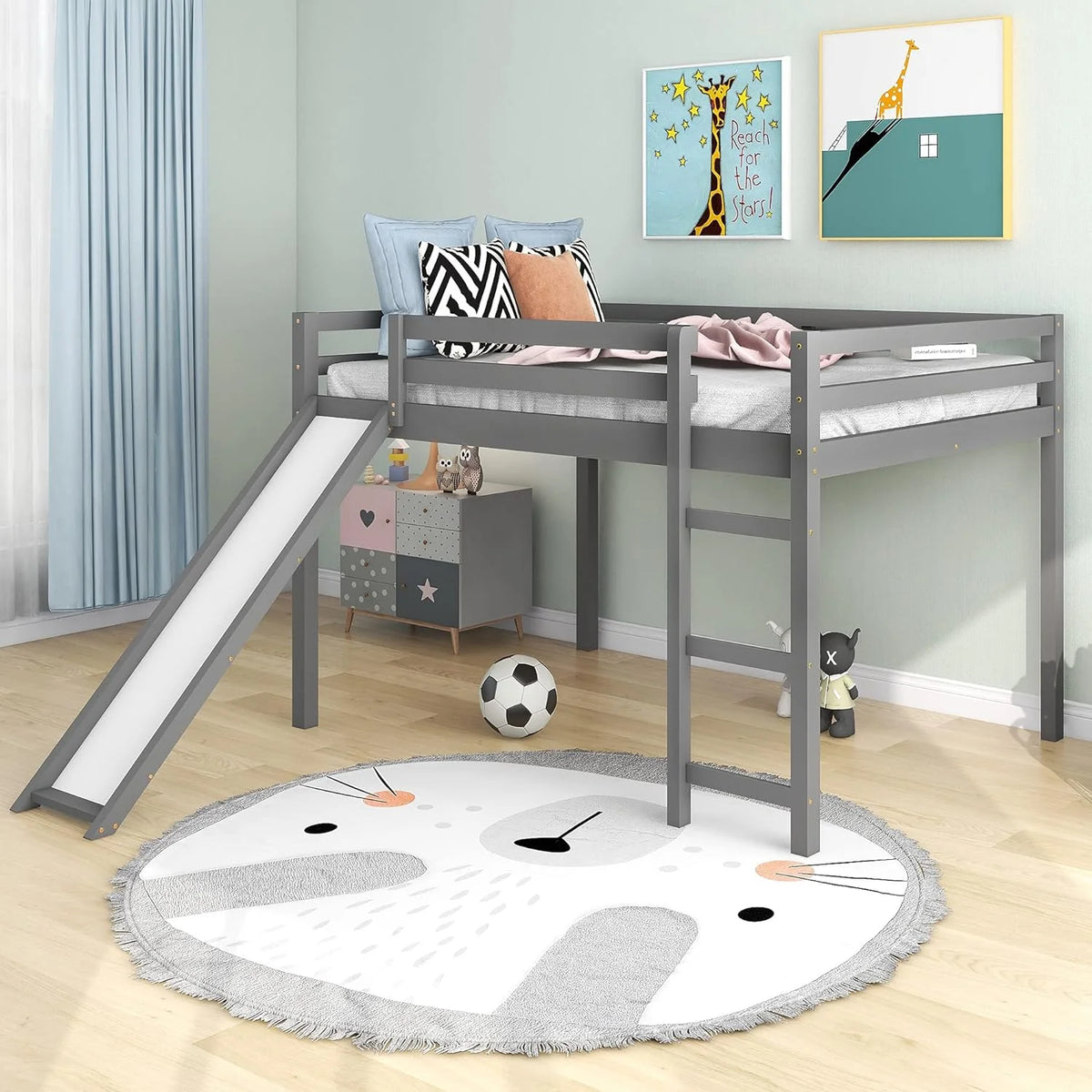 Full Size Wood Loft Bed with Slide U14844