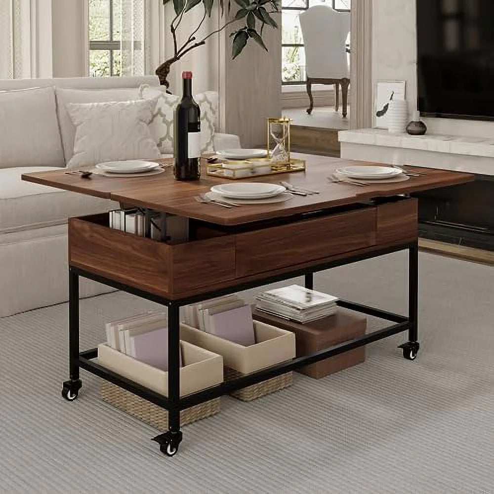 Lift Top Folding Coffee Table with Drawer Metal Frame R512581