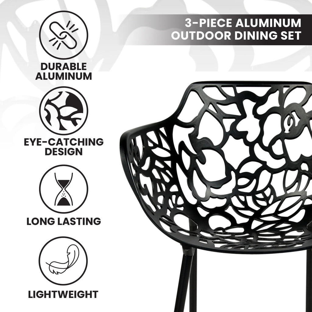 3-Piece Aluminum Outdoor Patio Dining Set with Tempered Glass Table and 2 Arm Chairs Q34168
