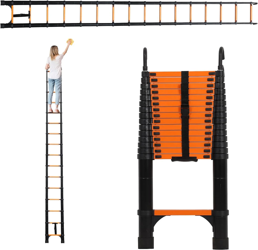 Telescoping Ladder 10.5 FT Aluminum with 2 Detachable Roof Hooks and 2 Triangle Stabilizers E7220