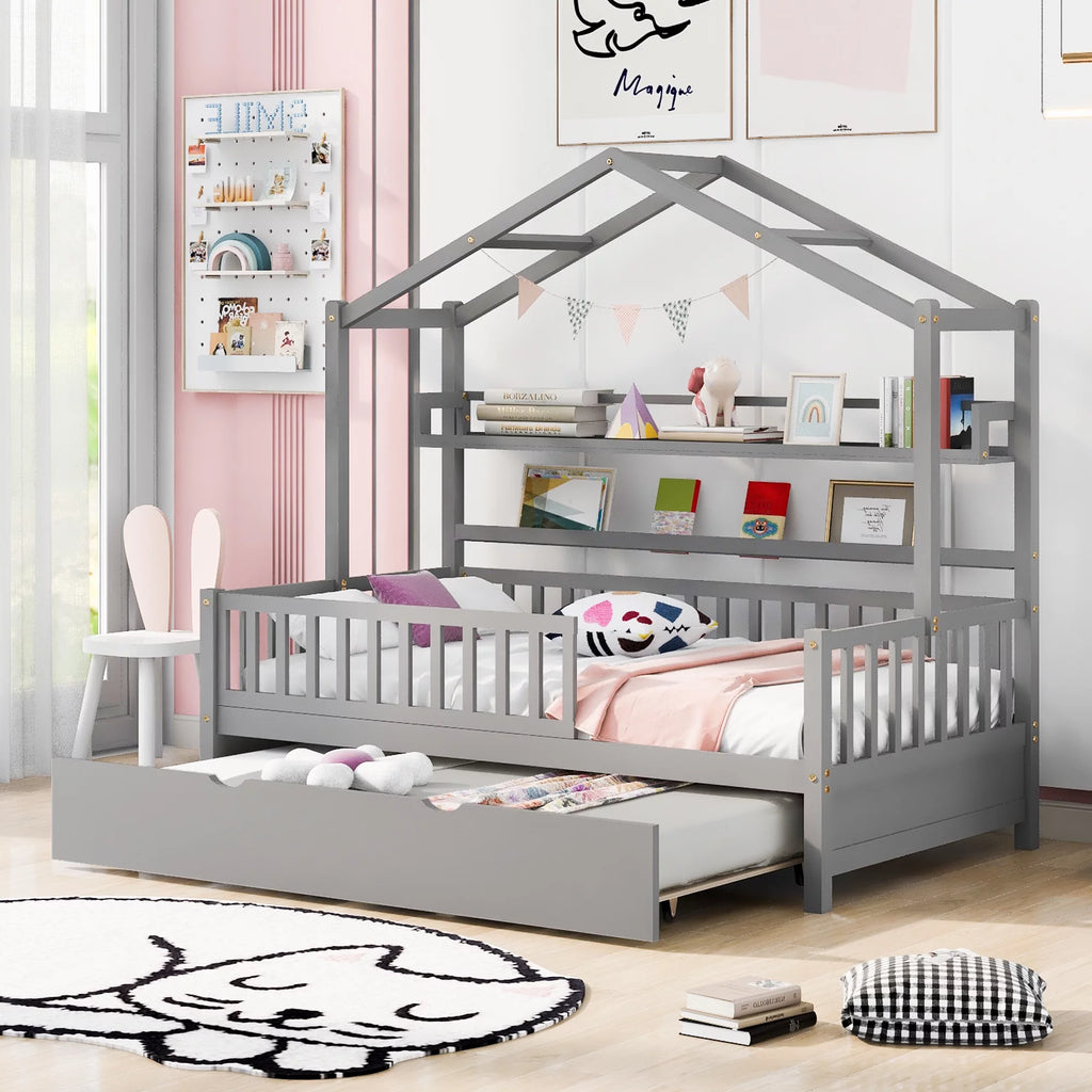 Gray Wood Twin House Bed with Trundle E26958