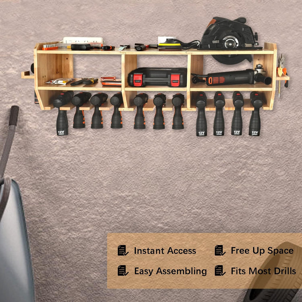 Large Power Tool Organizer, Drill Holder Storage Wall Mounted, 12 Tool Organizer Slots, Solid Wooden Drill Charging Station S203
