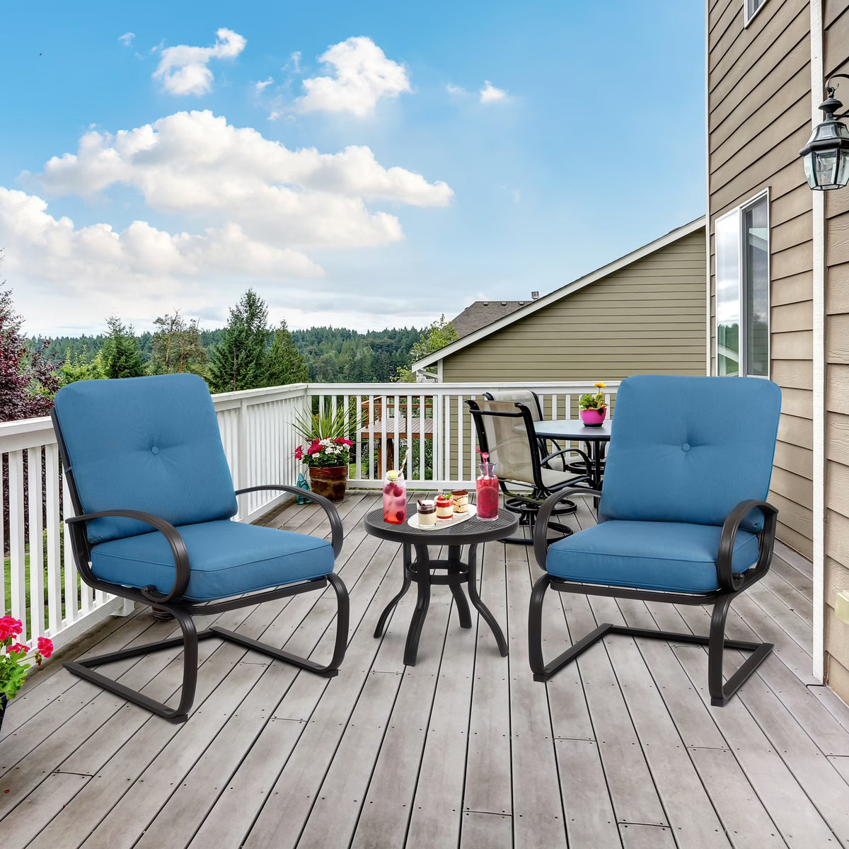 Blue 3-Piece Bistro Set with Cushions & Metal Frame O4978