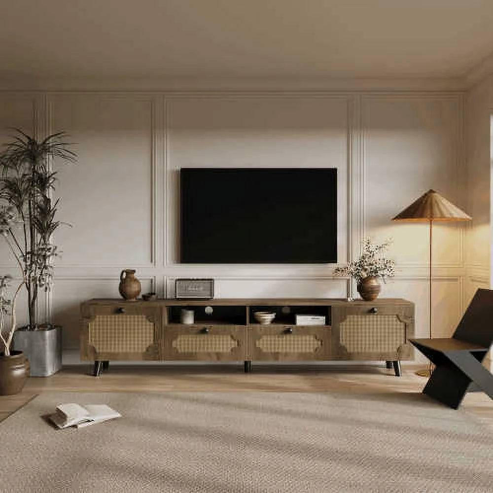 Brown Rattan TV Cabinet with Solid Wood Legs L3147
