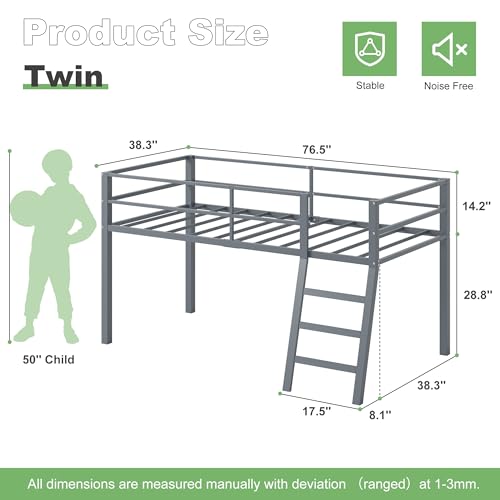 Grey Twin Loft Bed with Ladder and Guardrail G2887