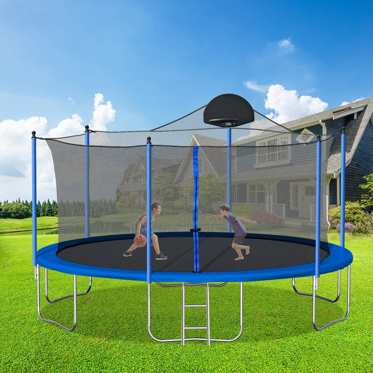 14FT Trampoline with Basketball Hoop, Safety Enclosure Net & Ladder, Blue C300