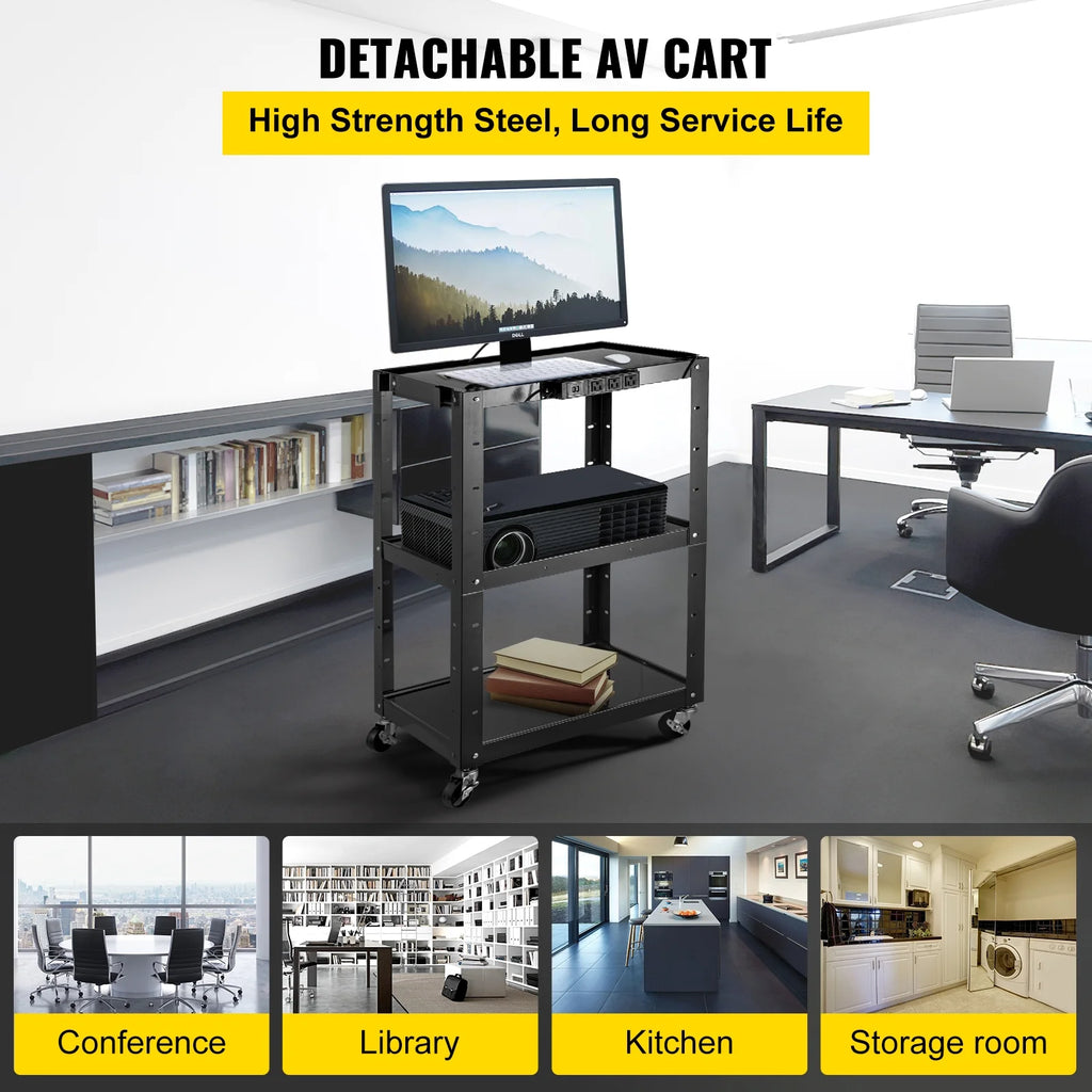 3-Shelf Steel AV Cart with Electric Power Cord J960572