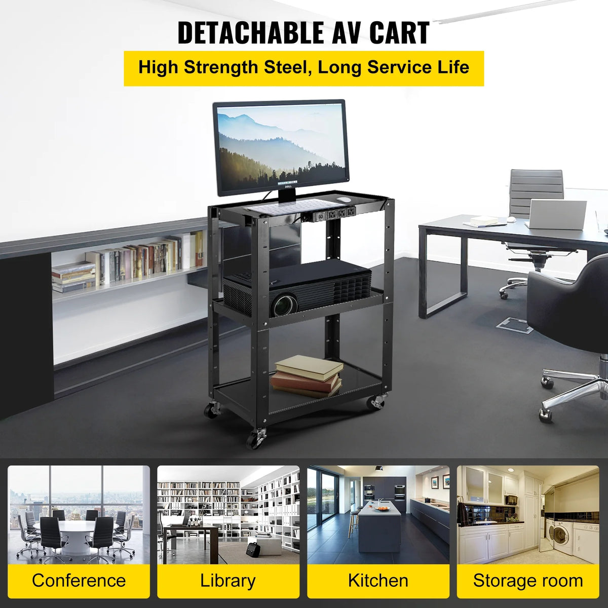 3-Shelf Steel AV Cart with Electric Power Cord J960572