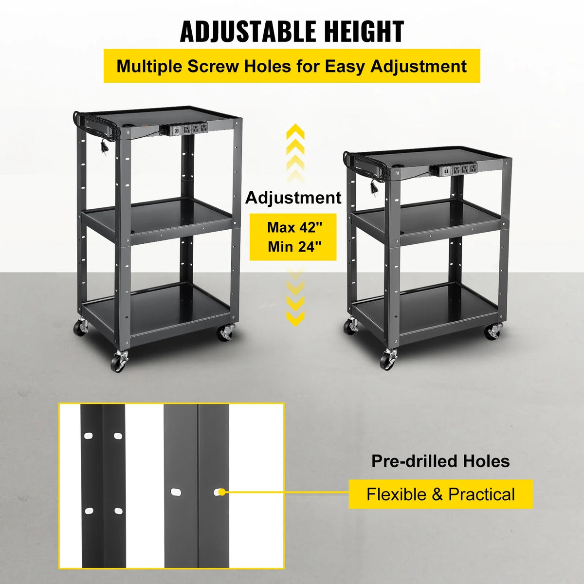 3-Shelf Steel AV Cart with Electric Power Cord J960572