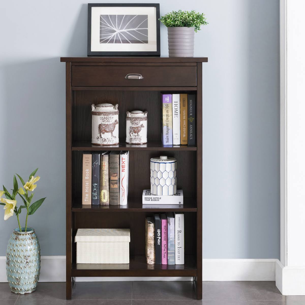 3 Shelf Bookcase with Drawer Storage, Chocolate Oak B76622