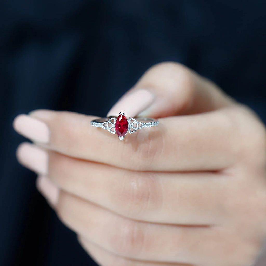 Marquise Shape Lab Grown Ruby Solitaire Ring with Diamond, 925 Sterling Silver, US 4.00 F692248