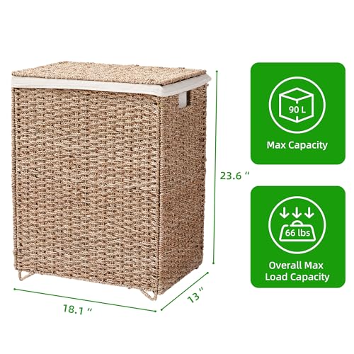 90L Foldable Natural Seagrass Laundry Hamper with Lid Y16886