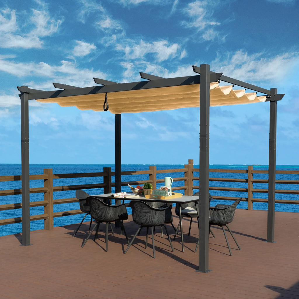 Extra-Large Gray Aluminum Frame Pergola with Sunshade Canopy 10'x12' Beige I431517