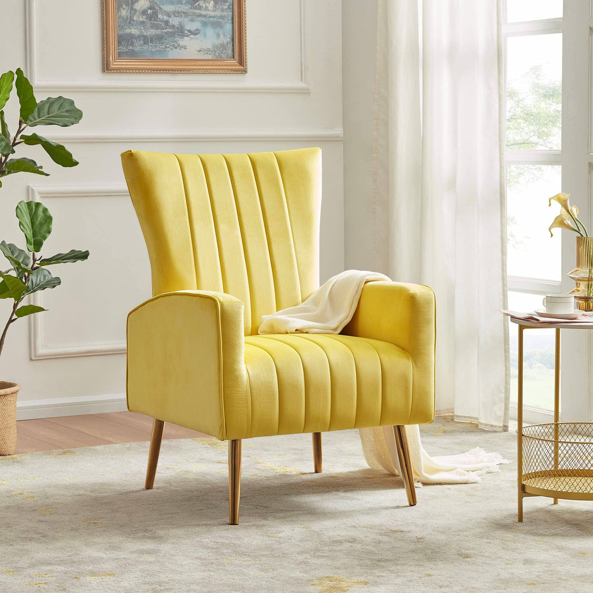 Yellow Velvet Wingback Arm Chair with Metal Legs I81056