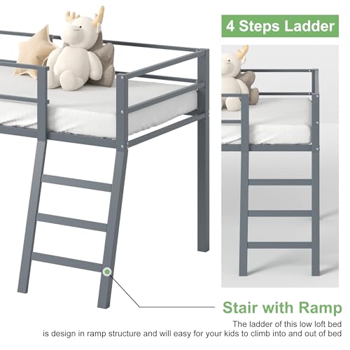 Grey Twin Loft Bed with Ladder and Guardrail G2887