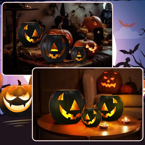 3 Pcs Metal Jack O Lanterns Pumpkin Set with LED Candles M875