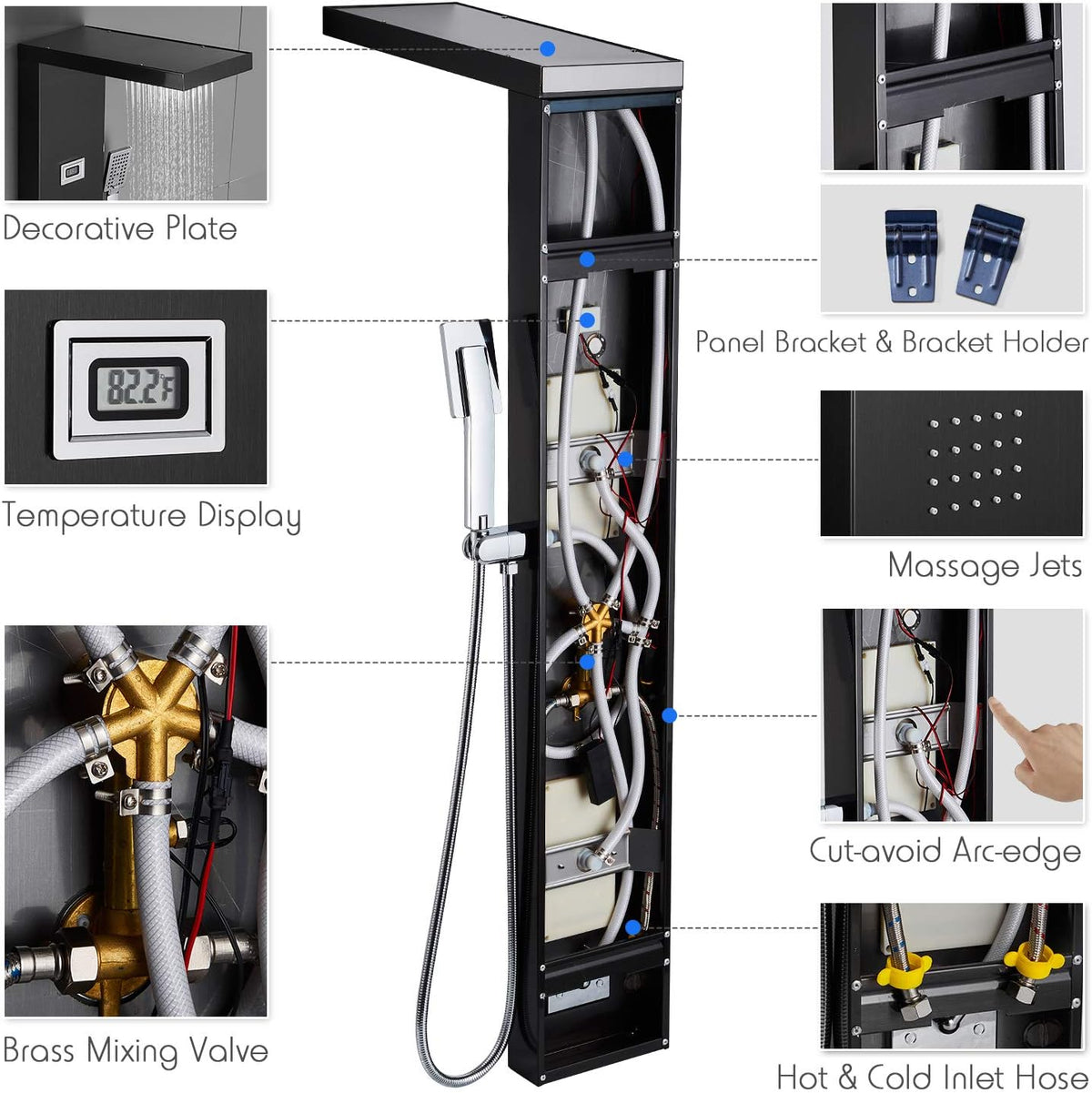 Stainless Steel Shower Panel Tower System with LED Rainfall Shower Head, Handheld Shower Head, 4 Body Jets, Tub Spout, Water Temperature Display N986