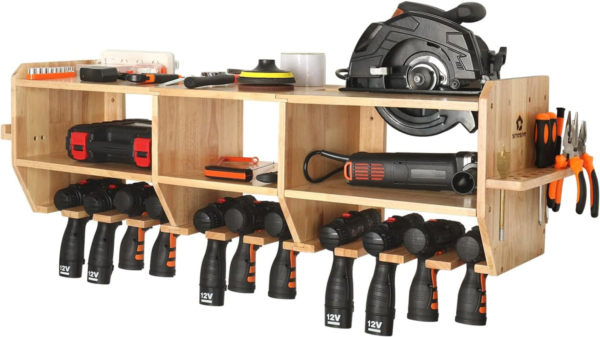 Large Power Tool Organizer, Drill Holder Storage Wall Mounted, 12 Tool Organizer Slots, Solid Wooden Drill Charging Station S203