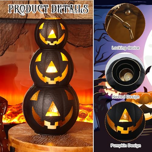 3 Pcs Metal Jack O Lanterns Pumpkin Set with LED Candles M875