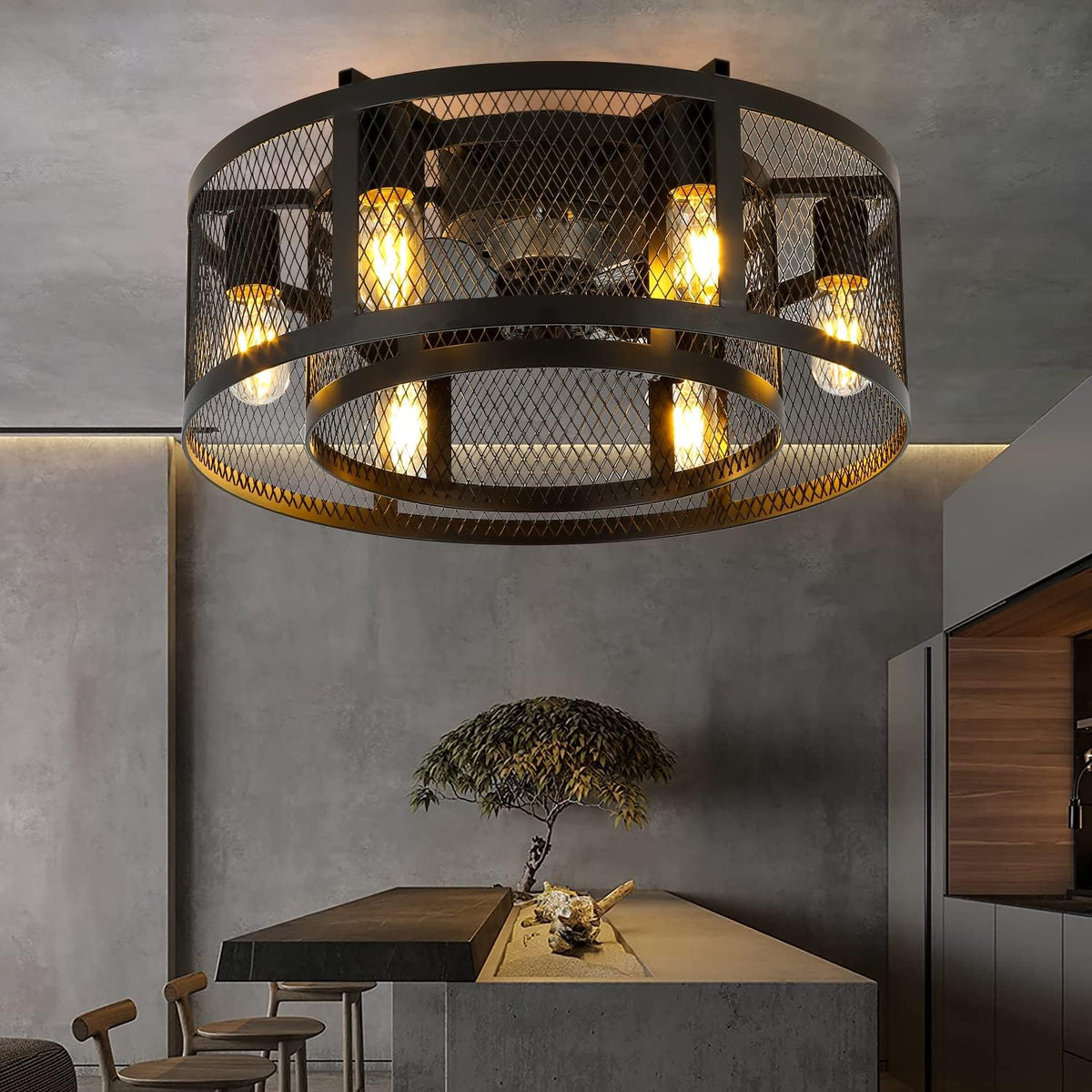 Black 6-Light Low Profile Caged Ceiling Fan with Remote Control P1090