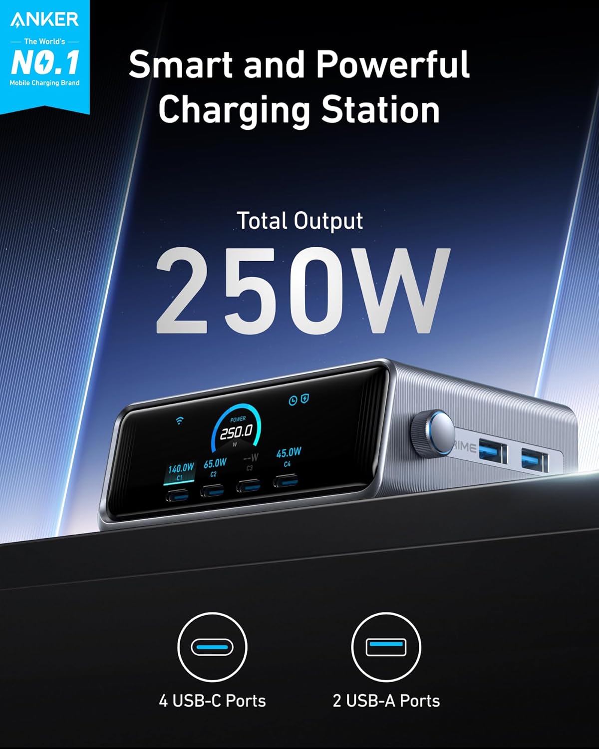250W 6-Port GaN USB-C Charger with LCD Display K92623