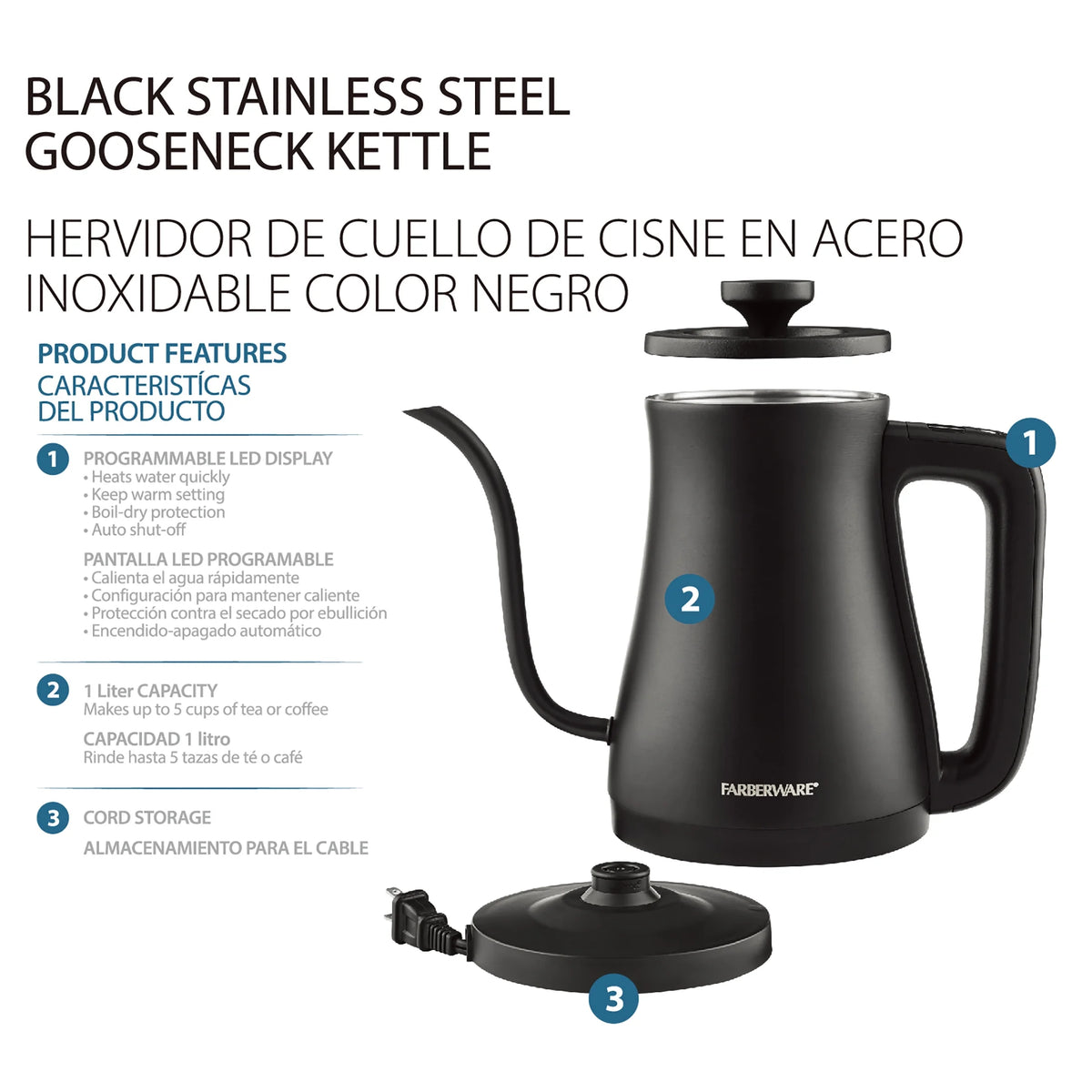 Black 1 Liter Gooseneck Electric Kettle A38231