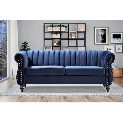 Dark Blue Velvet Rolled Arm Chesterfield Sofa V3895