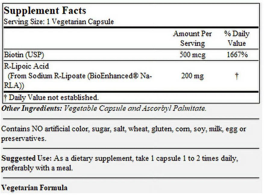R-Lipoic Acid 200mg Stabilized with Na-RLA with Biotin 60 Vegetarian Capsules E6488