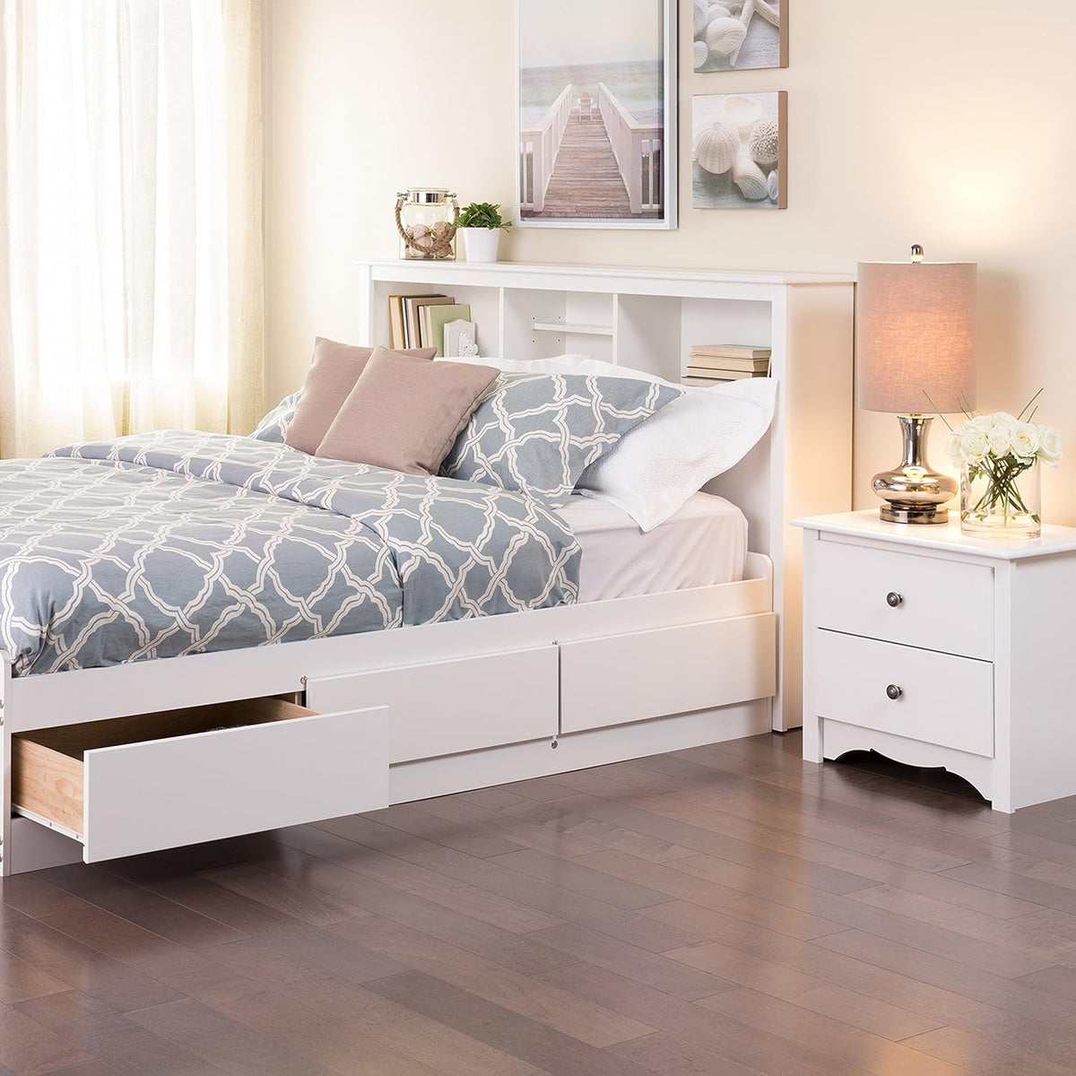 White Full Platform Storage Bed with 6 Drawers and Headboard with 3 Compartments N5268