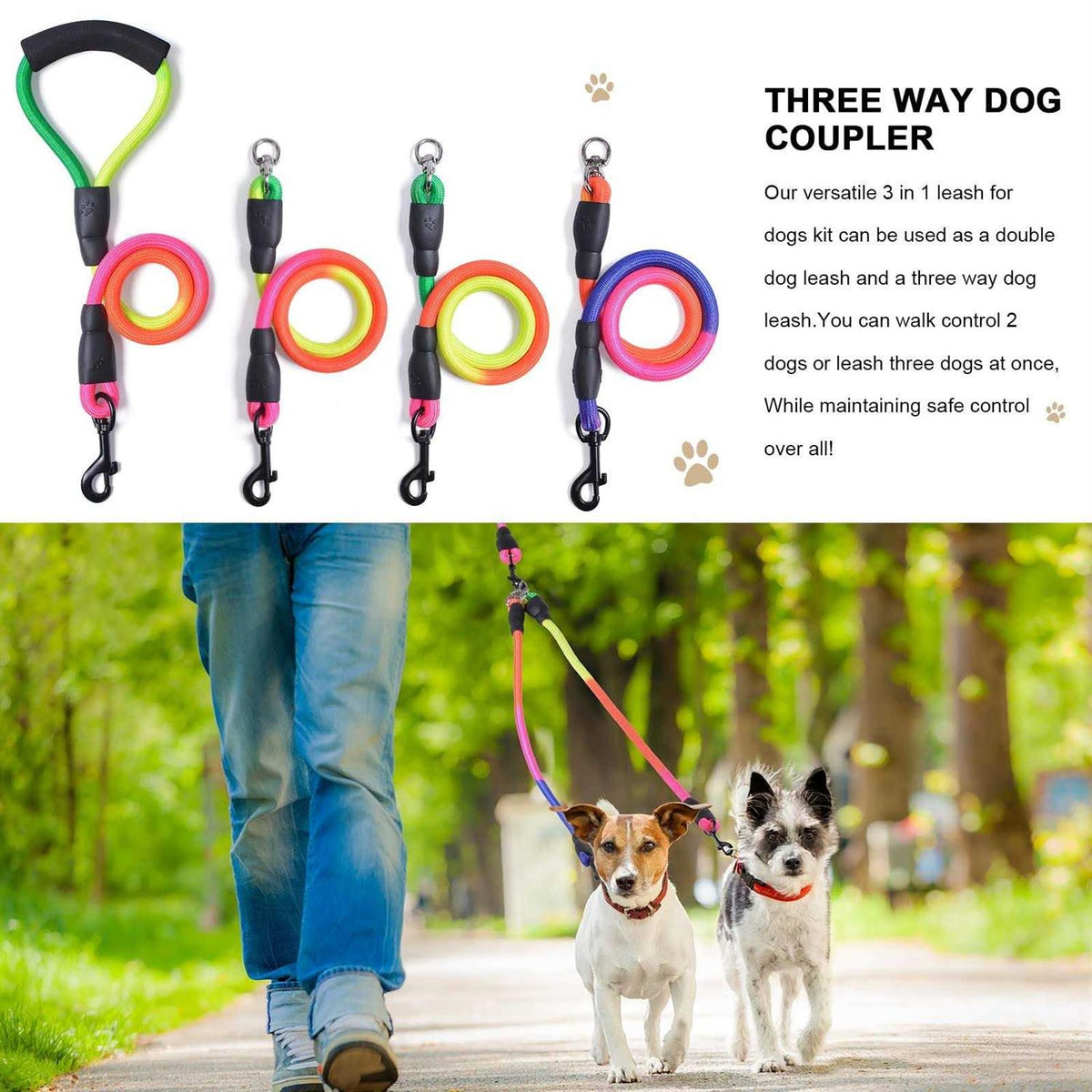 3 Way 75 Inch Detachable Dog Leash with Soft Padded Handle F278