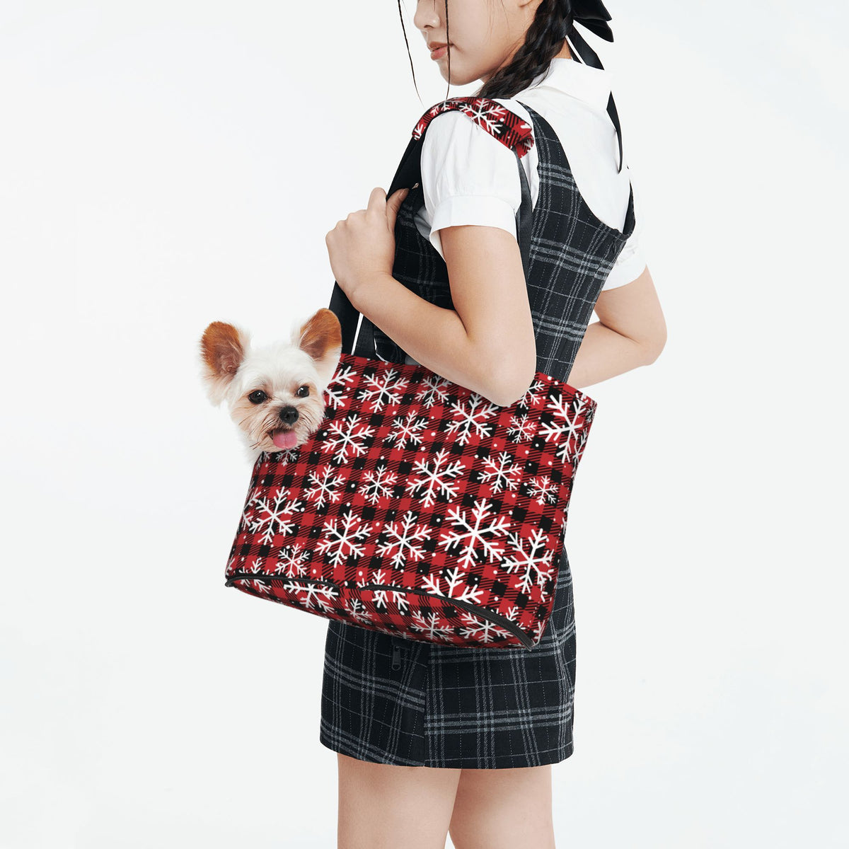 Red Christmas Plaid Snowflakes Prints Foldable Dog Purse Carrier Y946