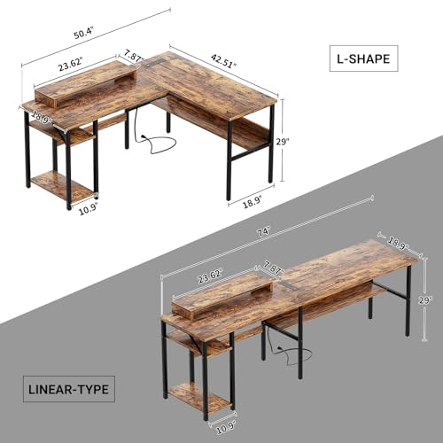 Black Reversible L Shaped Desk with Power Outlets and LED Light G6502