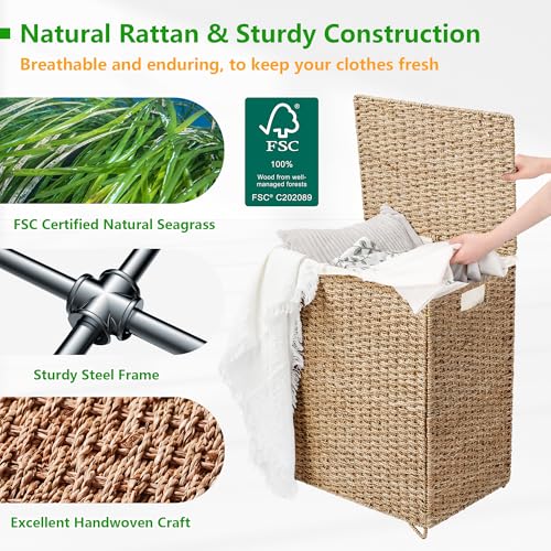 90L Foldable Natural Seagrass Laundry Hamper with Lid Y16886