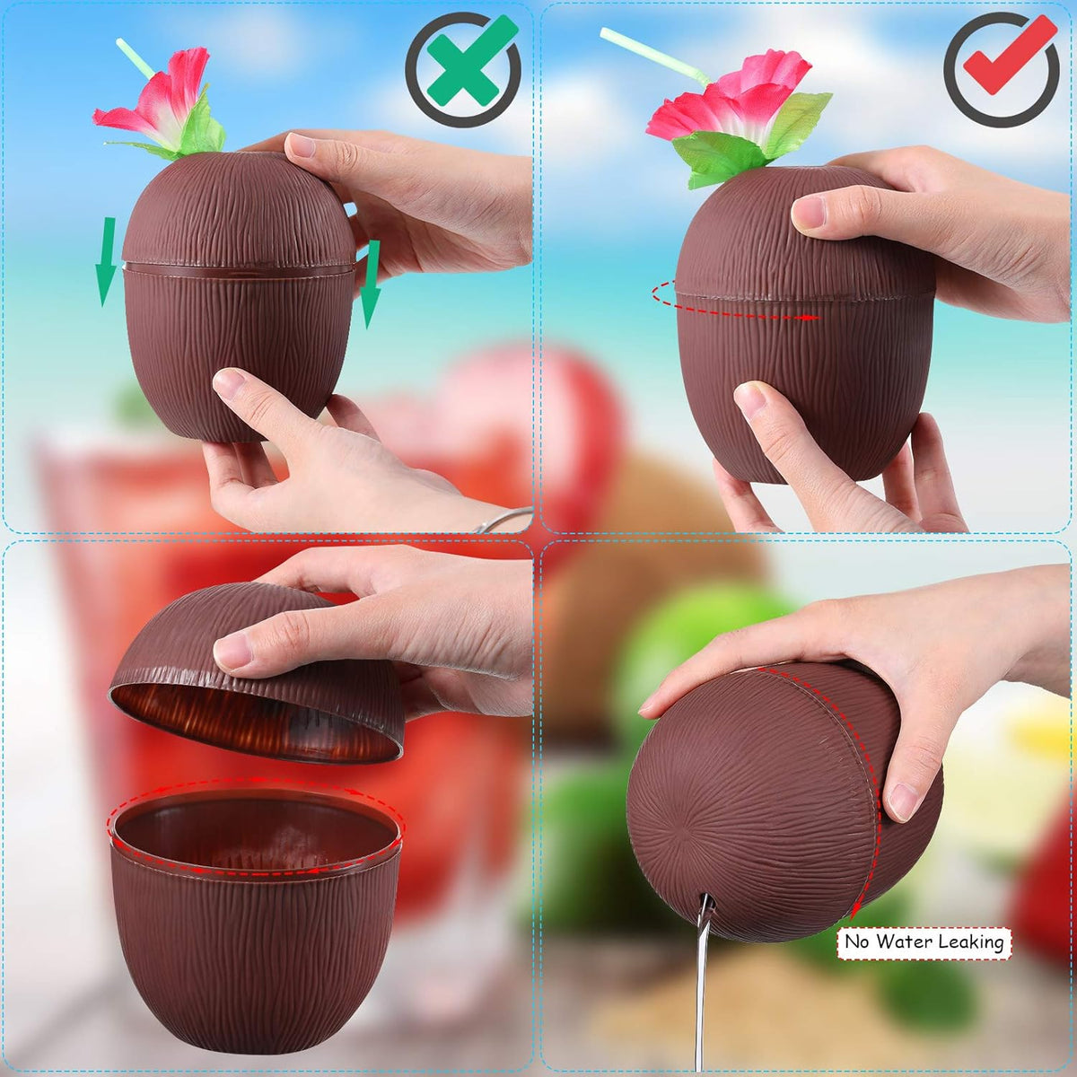 15 Pieces Coconut Cups with 15 Pieces Plastic Colorful Hibiscus Straws S5474