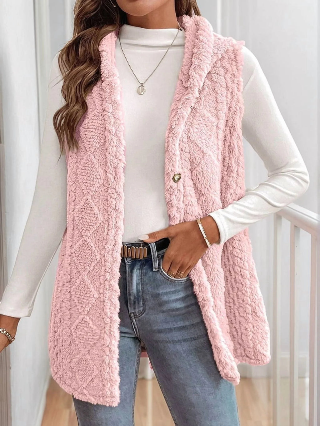 Pink Oversized Fleece Hooded Cardigan H505429
