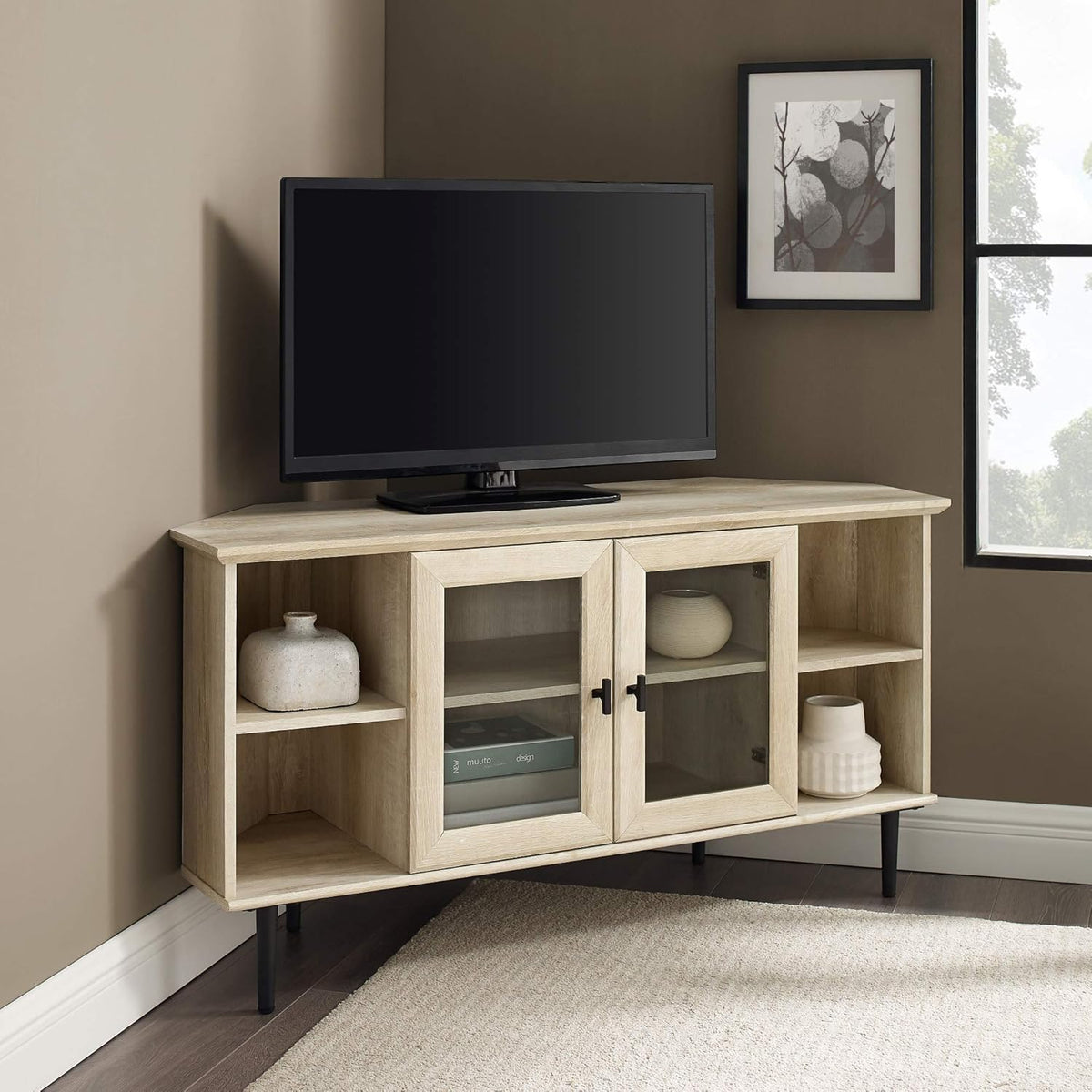 Dark Walnut 48 Inch Wood Corner TV Stand with Glass Cabinet Doors N723