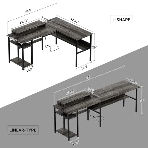 Black Reversible L Shaped Desk with Power Outlets and LED Light G6502