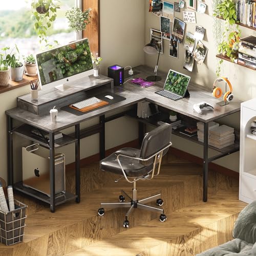 Black Reversible L Shaped Desk with Power Outlets and LED Light G6502