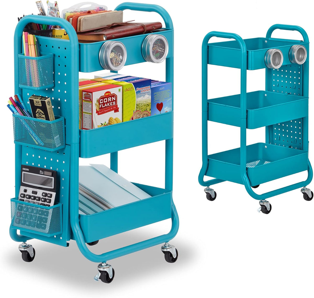 3-Tier Metal Rolling Cart with Pegboard and Handle W5170