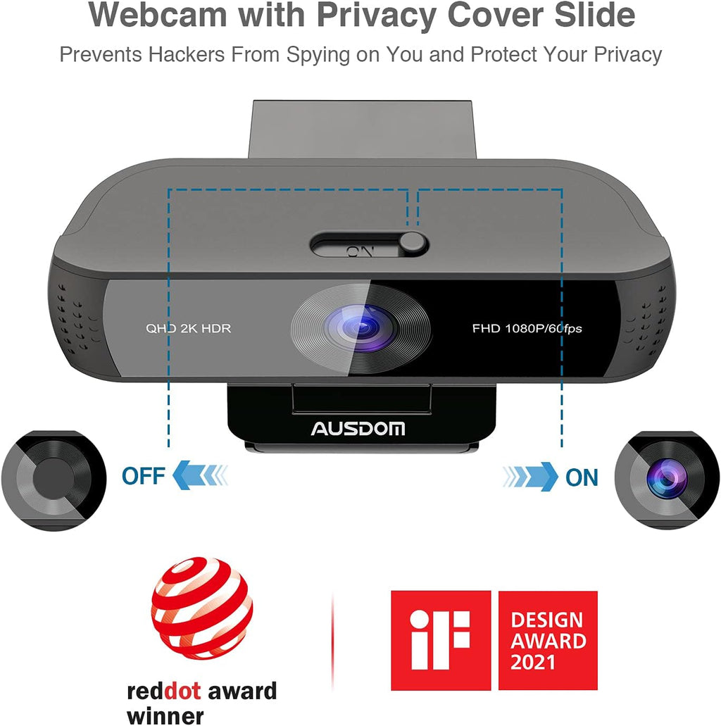 2K QHD Webcam with HDR, Dual Noise Canceling Mics & Privacy Cover V4186