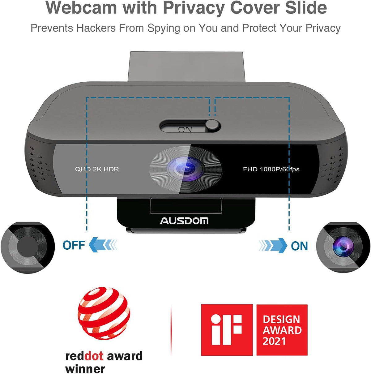 2K QHD Webcam with HDR, Dual Noise Canceling Mics & Privacy Cover V4186