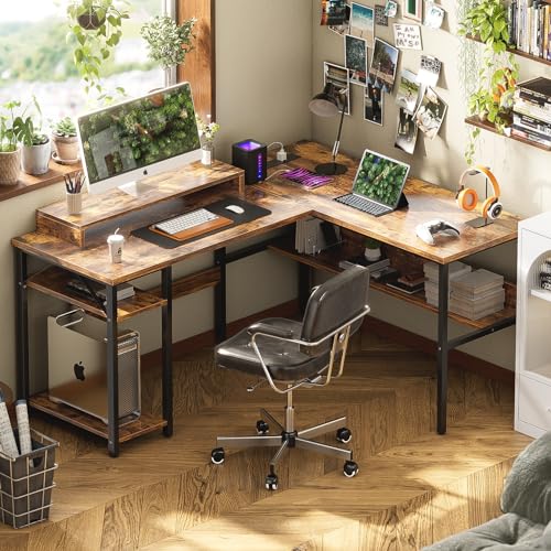 Black Reversible L Shaped Desk with Power Outlets and LED Light G6502