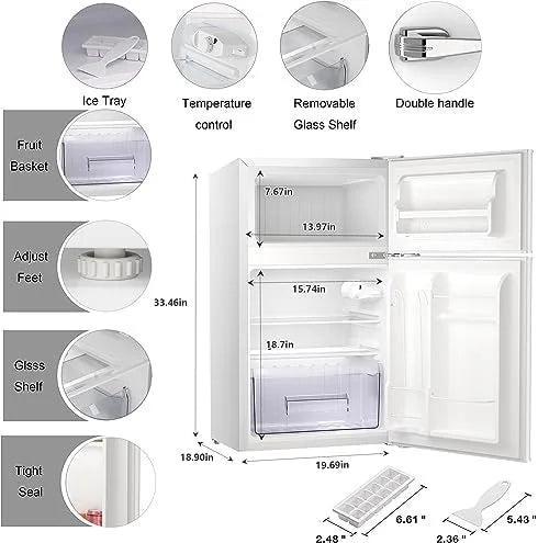 Mini Refrigerator 3.2Cu.Ft Compact Fridge Double Doors Freezer Grey L8316