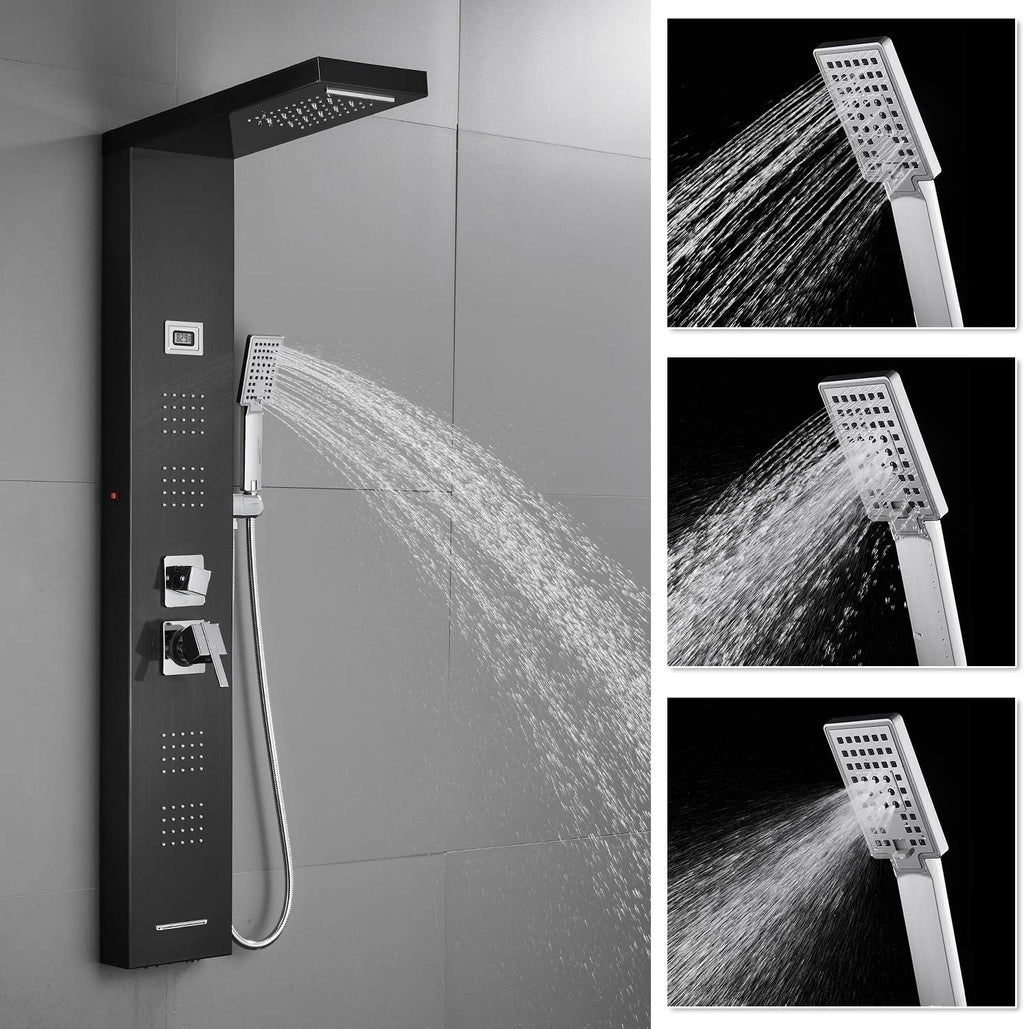 Stainless Steel Shower Panel Tower System with LED Rainfall Shower Head, Handheld Shower Head, 4 Body Jets, Tub Spout, Water Temperature Display N986
