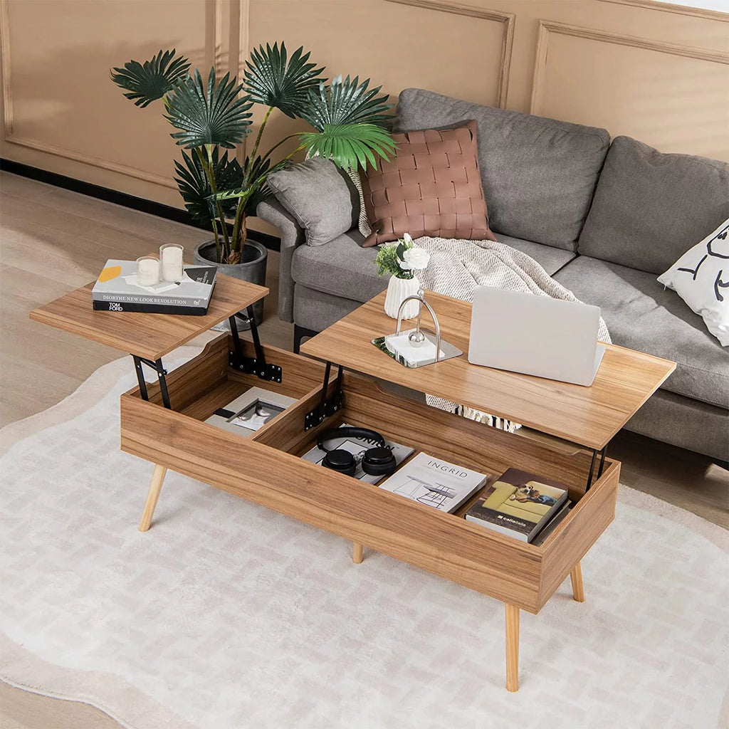 47 Inch Lift Top Coffee Table with Storage, Split Top, 2 Hidden Compartments & 5 Solid Wood Legs, Brown J22134