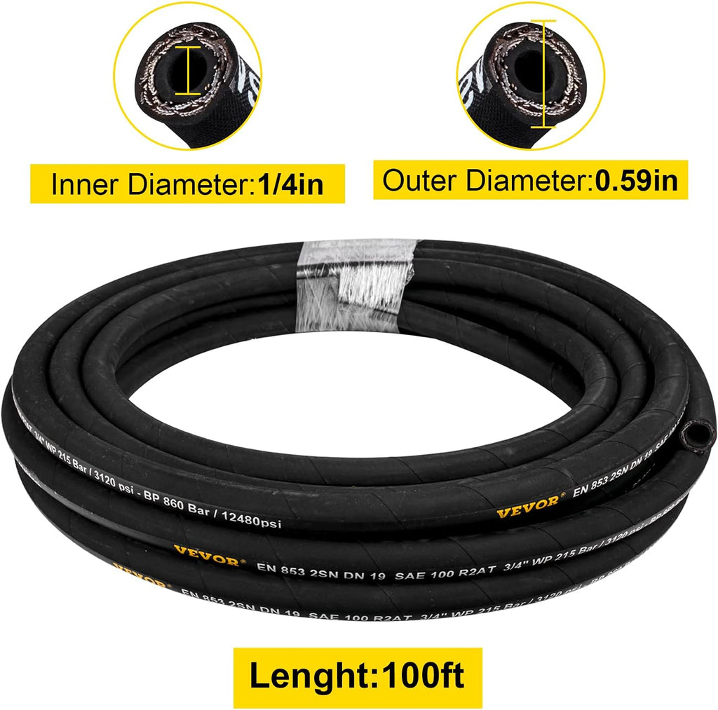 1/4 inch x 100 ft Rubber Hydraulic Hose, 5800 PSI, Pack of 2 K899