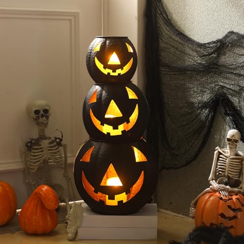 3 Pcs Metal Jack O Lanterns Pumpkin Set with LED Candles M875