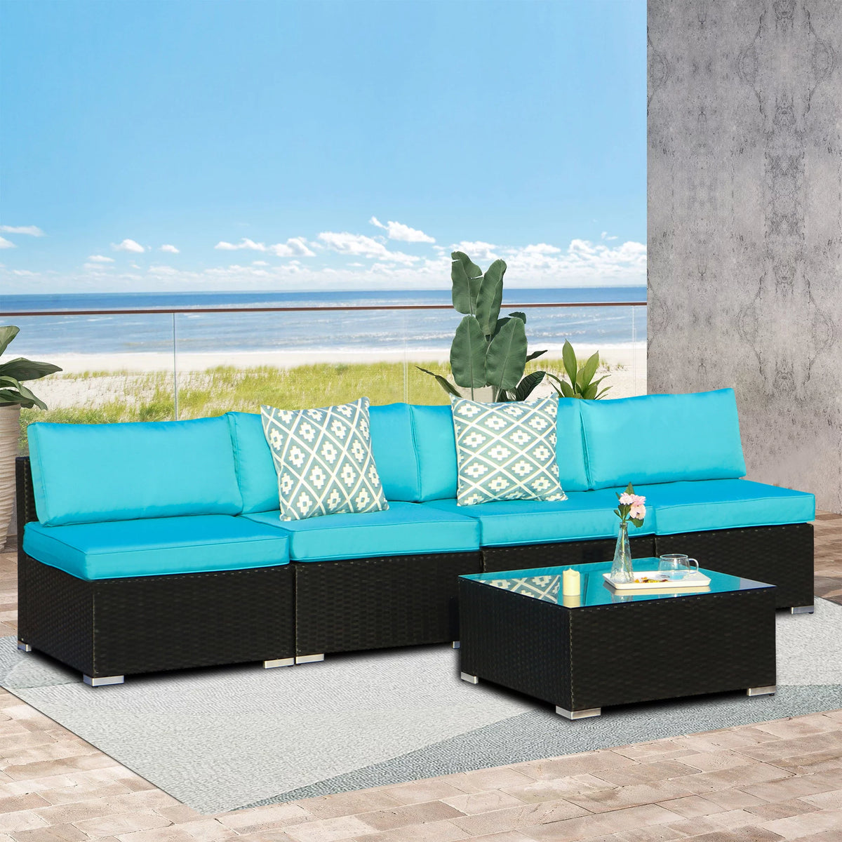 5 Pieces Outdoor Wicker Furniture Set with Coffee Table Y415585